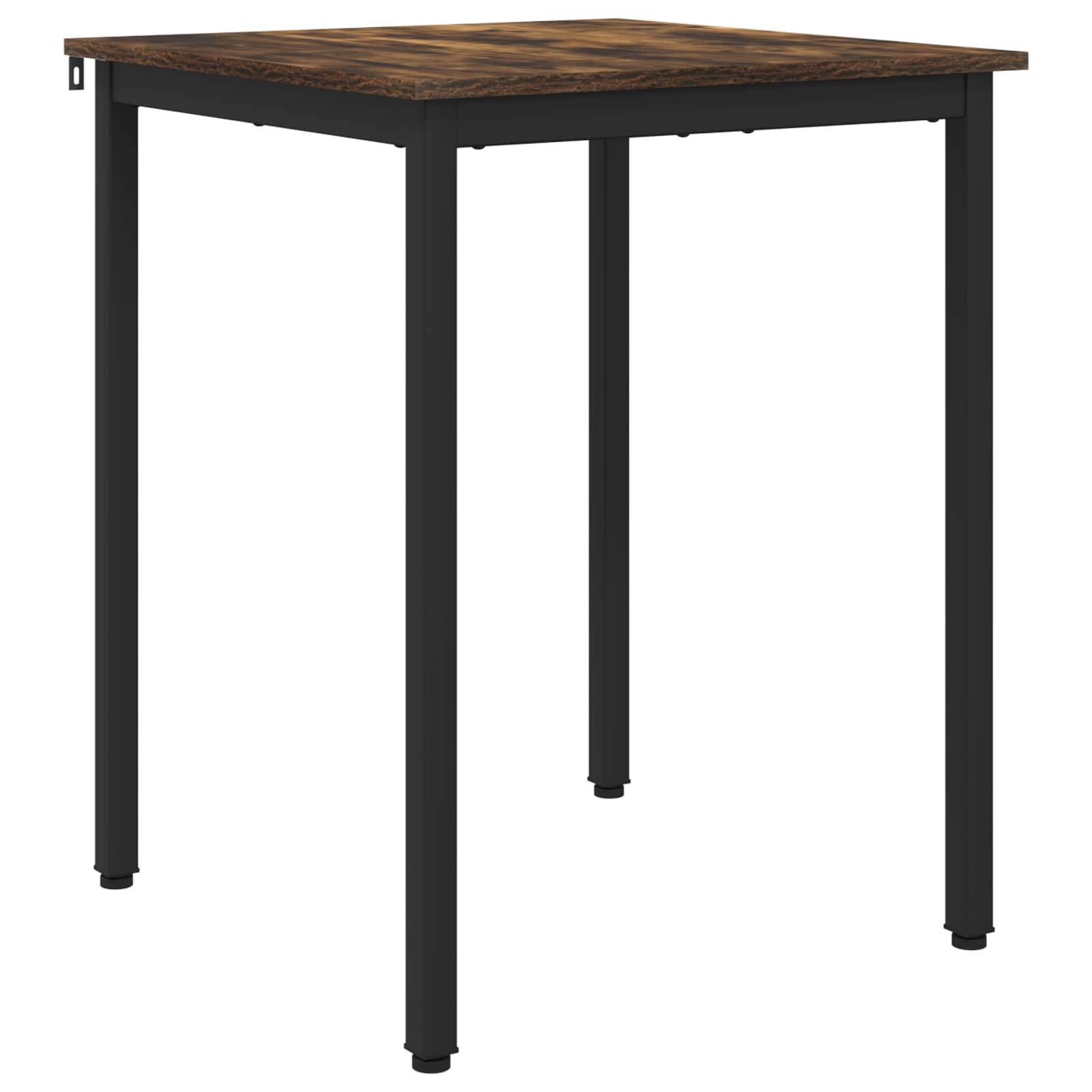 Ein quadratischer Holztisch mit schwarzen Metallbeinen, der auf einem schlichten Hintergrund steht.