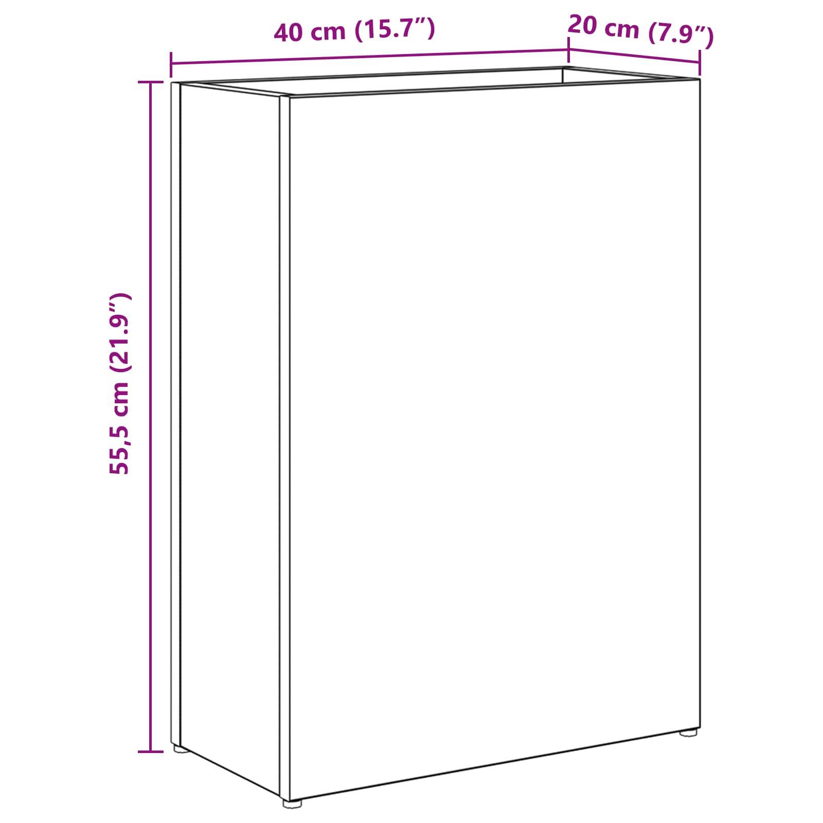 Eine Skizze einer rechteckigen Aufbewahrungsbox mit Abmessungen: 40 cm (15,7