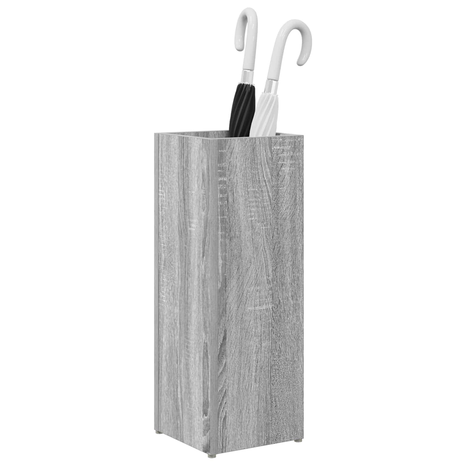 Ein Schirmständer aus Holz, der einen weißen und einen schwarzen Schirm aufrecht stehend auf einer ebenen Fläche hält.