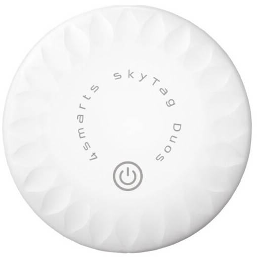Ein rundes, weißes '4smarts SkyTag Duos' Gerät mit einem Netzsymbol in der Mitte, das zum Bluetooth-Tracking verwendet wird.