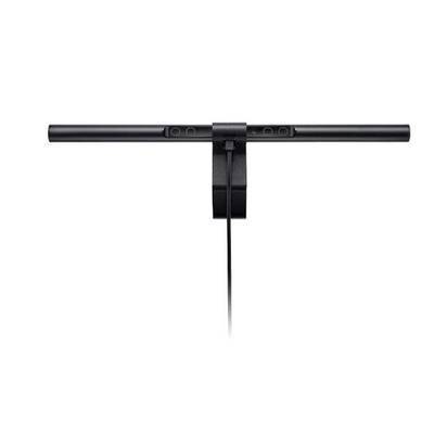 Eine elegante, schwarze Computermonitorbeleuchung mit angeschlossenem USB-Kabel, entwickelt, um den Schreibtisch zu beleuchten, ohne Bildschirmreflexe zu erzeugen.