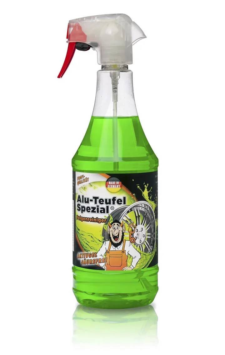 Grüne Flasche von 'Alu-Teufel Spezial', einem Felgenreiniger, mit einer Illustration eines Mechanikers. Enthält den Text 'Made in Germany' und 'Antiviel Säurefrei'.