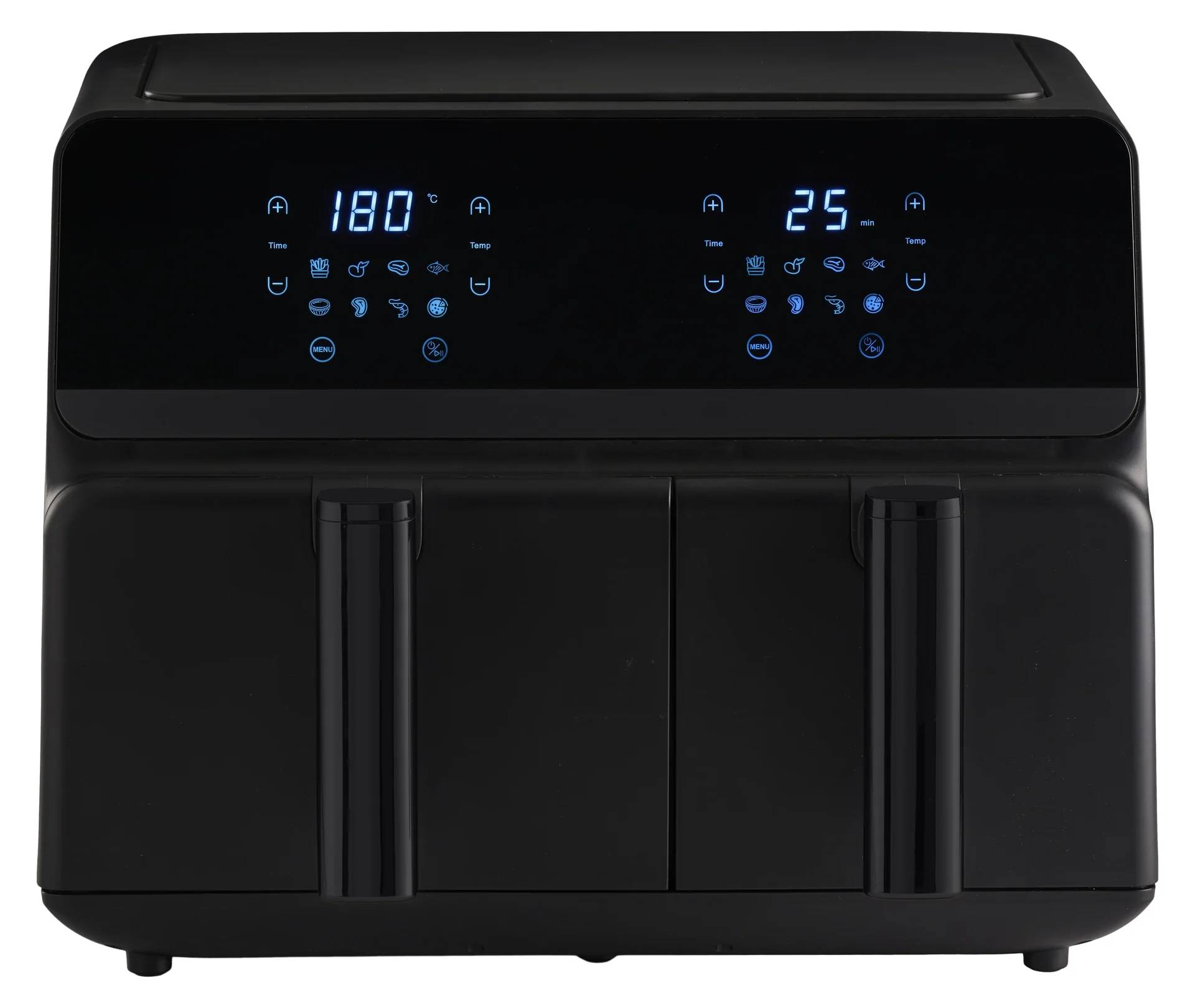 Ein schwarzer Heißluftfritteur mit zwei digitalen Displays, die Temperatur mit '180°C' und Zeit mit '25' Minuten anzeigen, umgeben von Steuerungssymbolen.