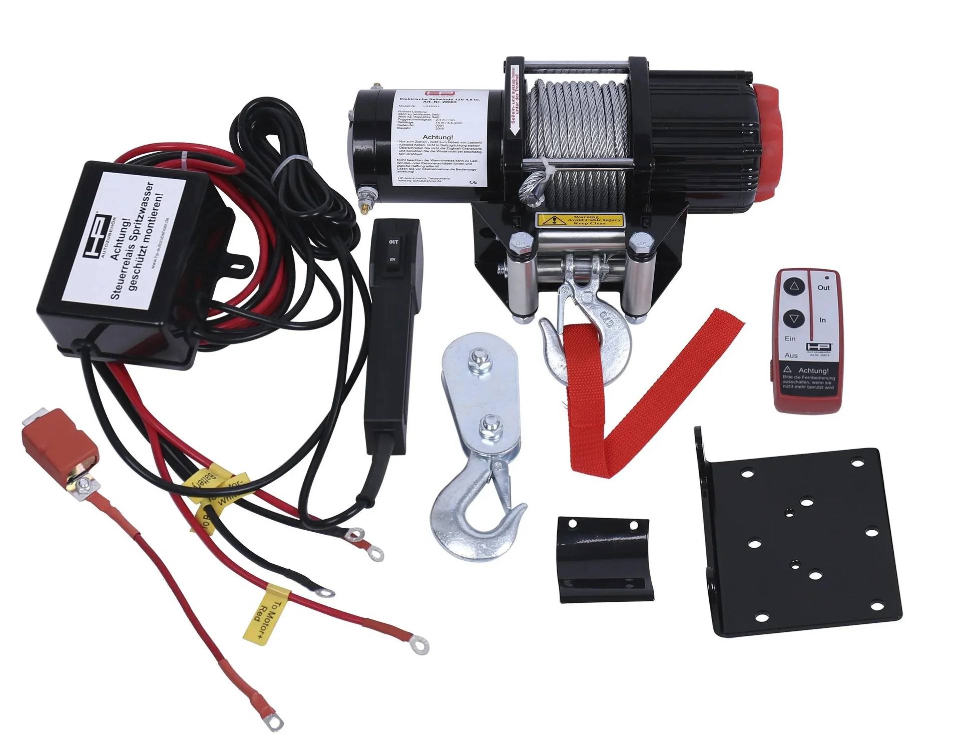 12V DC Elektrische Seilwinde' umfasst Seilwinde, Haken, Fernbedienung, Stromkabel und Befestigungsplatte zum Heben oder Ziehen schwerer Lasten.