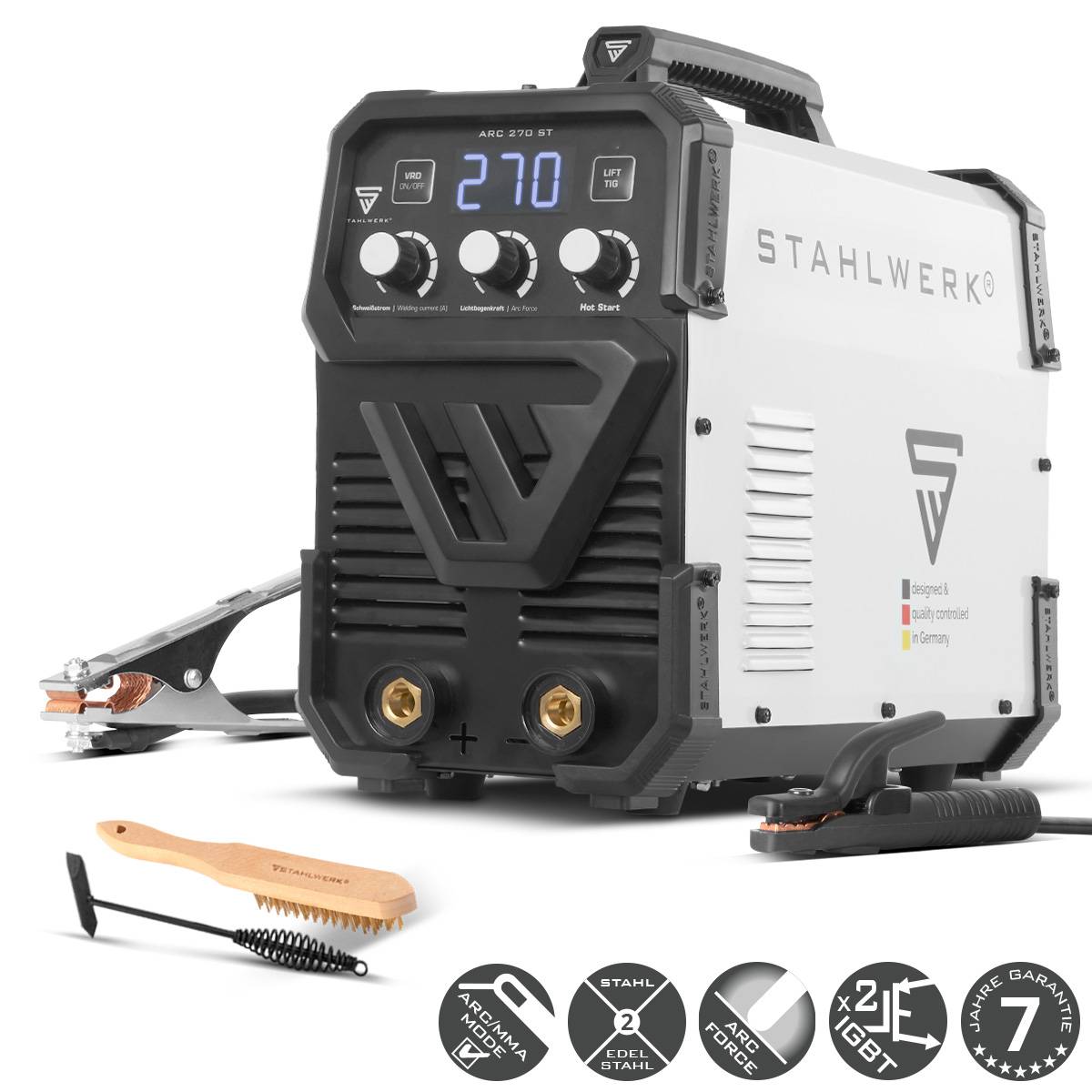 Schweißgerät mit digitaler Anzeige, die '270' zeigt, Metallklemmen und Bürste. Mit 'STAHLWERK' beschriftet und Icons, die Funktionen hervorheben.