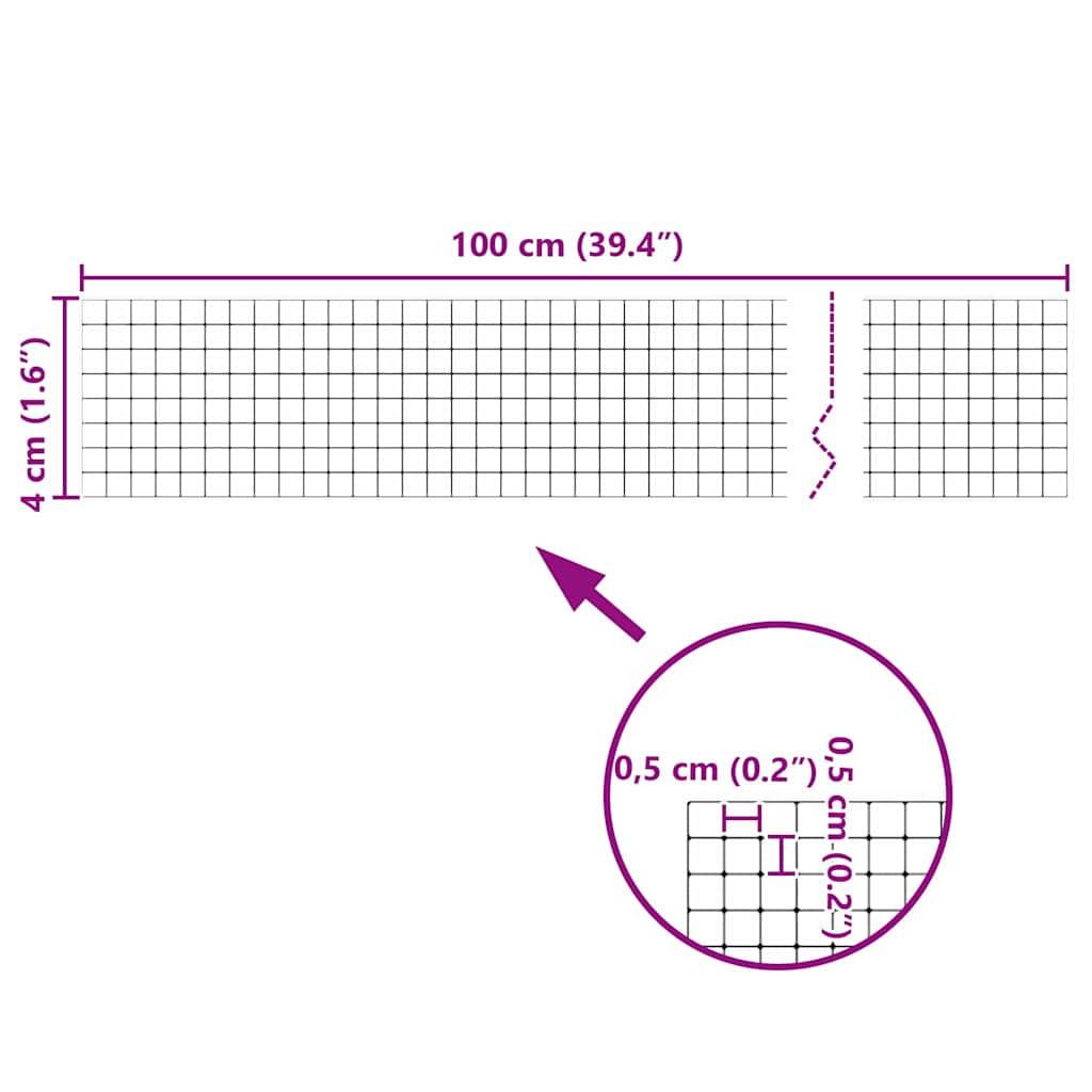 Ein rechteckiges Raster mit einer Größe von 100 cm × 4 cm, mit einer Detailansicht, die jedes Quadrat als 0,5 cm × 0,5 cm zeigt.