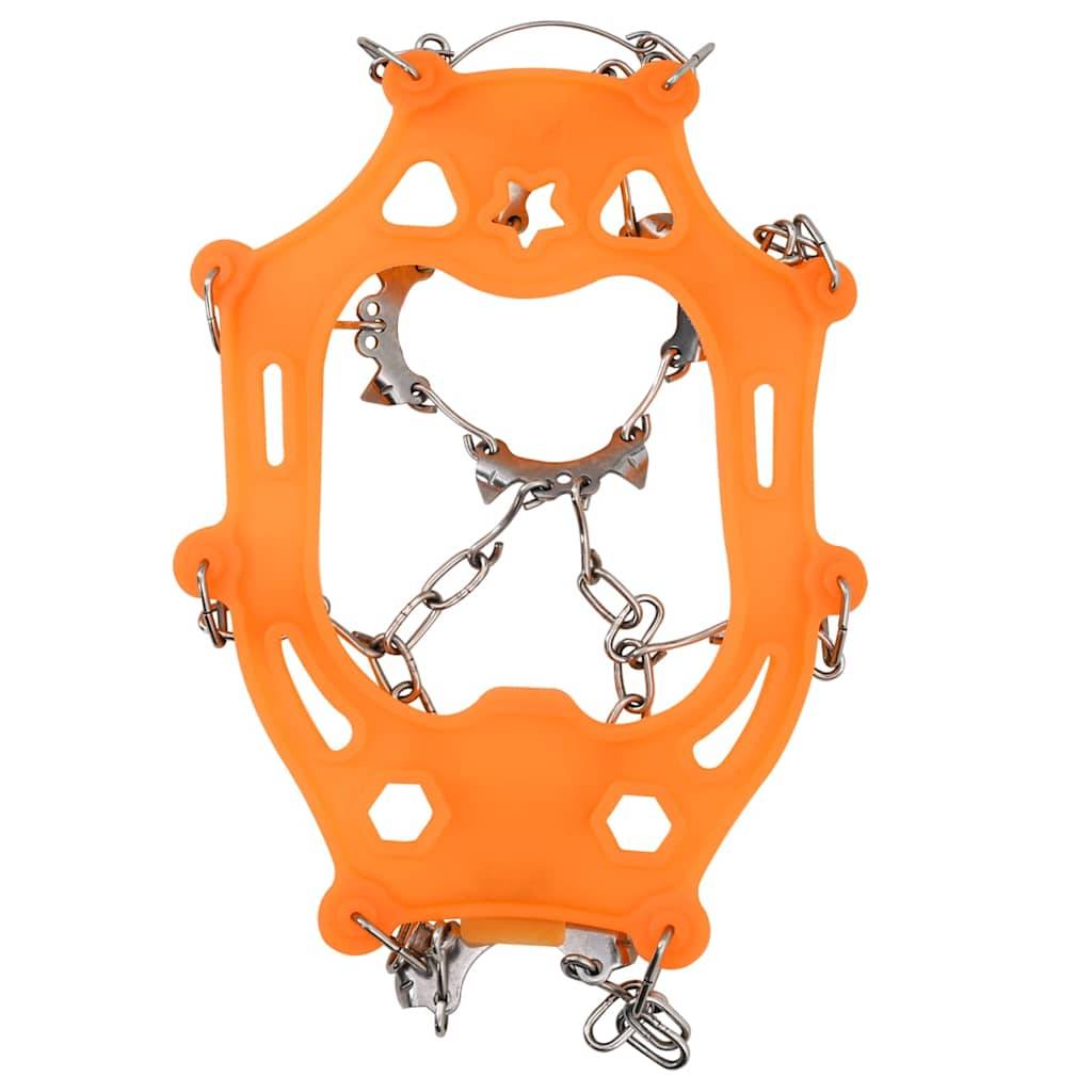 Orange Eistraktion-Steigeisen mit Metallspitzen und Ketten, verwendet für sicheren Halt auf glatten Eisflächen.