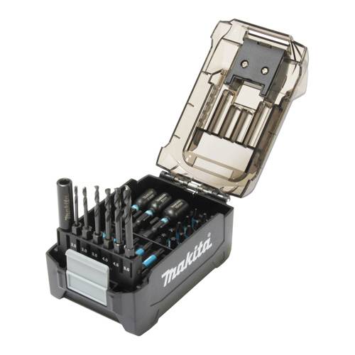 Ein offenes Makita Bohrersatz mit verschiedenen Bohrergrößen, die in einem kompakten schwarzen und transparenten Etui ordentlich angeordnet sind.