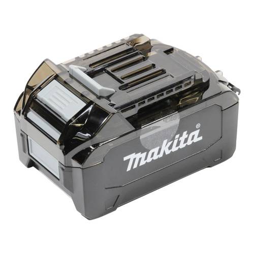 Eine schwarze Makita Lithium-Ionen-Batterie mit einem silbernen Anschluss, verwendet für Elektrowerkzeuge.