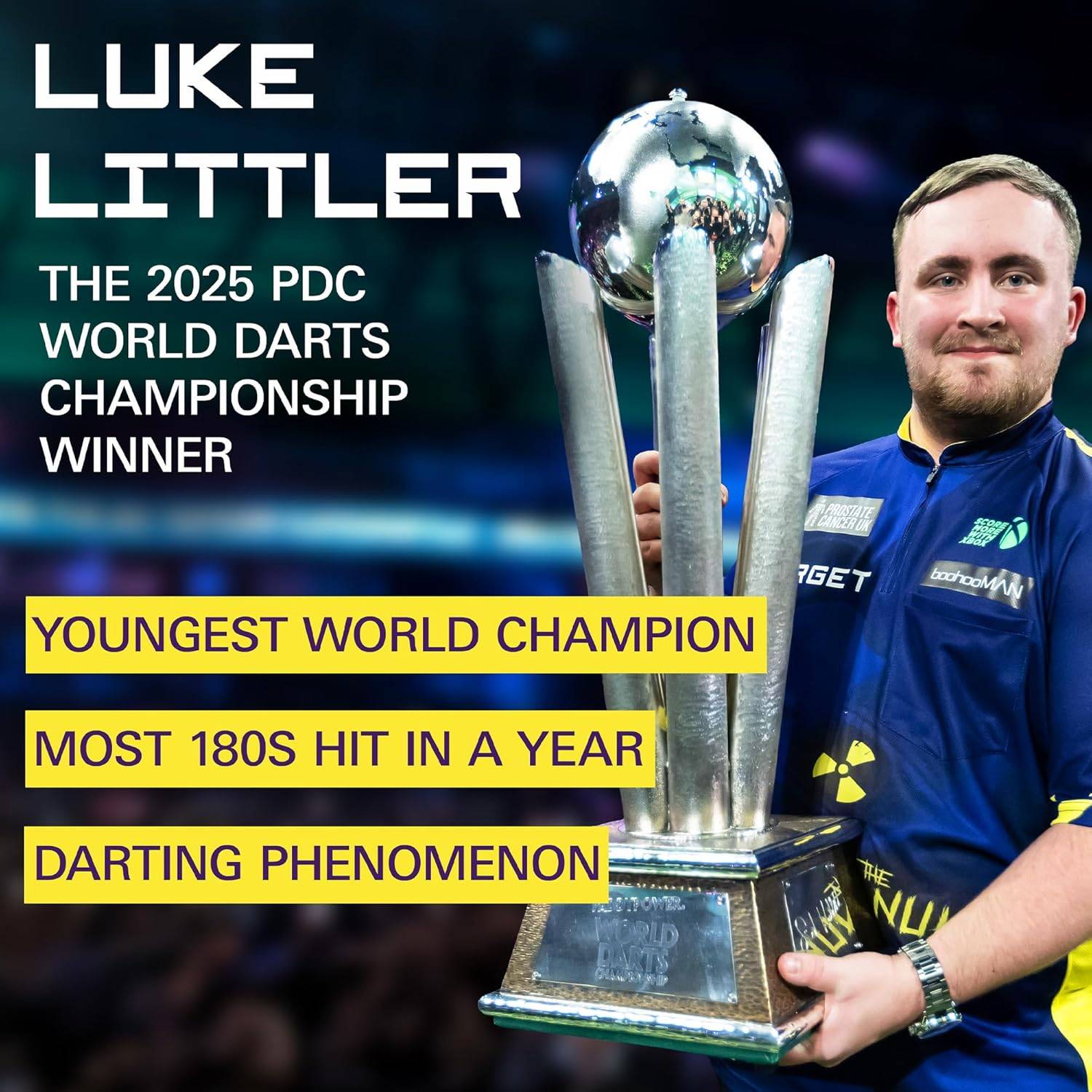 Eine Person hält einen Pokal mit der Aufschrift: Jüngster Weltmeister, die meisten 180er in einem Jahr, Dartsphänomen. Titel darüber: Luke Litter, Gewinner der PDC-Weltmeisterschaft 2025.