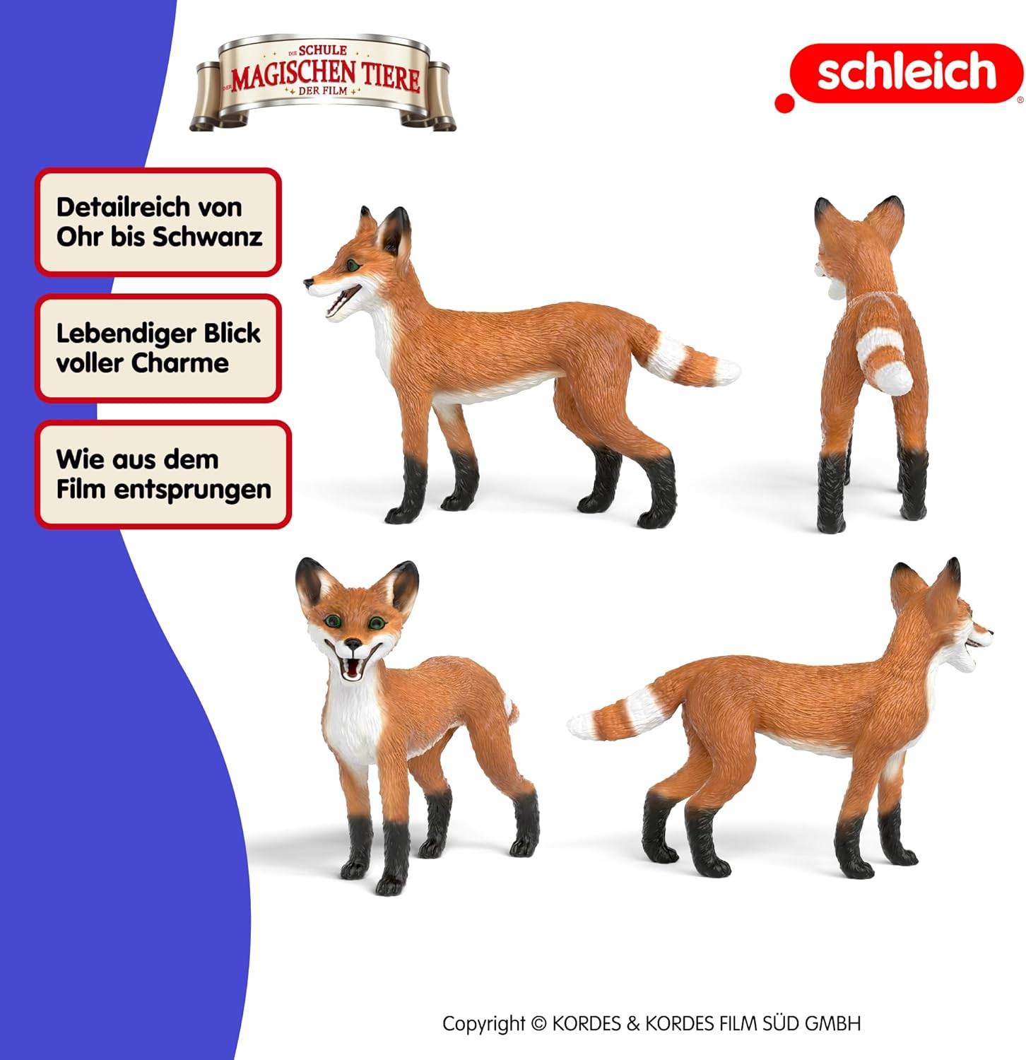 Spielzeugmodelle eines Fuchses werden in verschiedenen Posen abgebildet, die detaillierte Merkmale und lebendige Ausdrücke zeigen und einem lebhaften Tier ähneln.