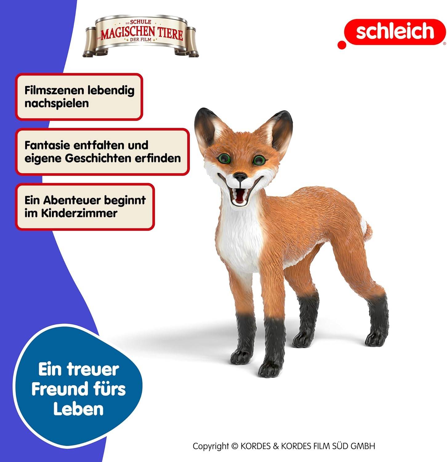 Eine Spielfigur eines lächelnden Fuchses steht aufrecht. Deutsche Textblasen links fördern kreatives Spielen und Geschichtenerzählen mit dem Spielzeug.