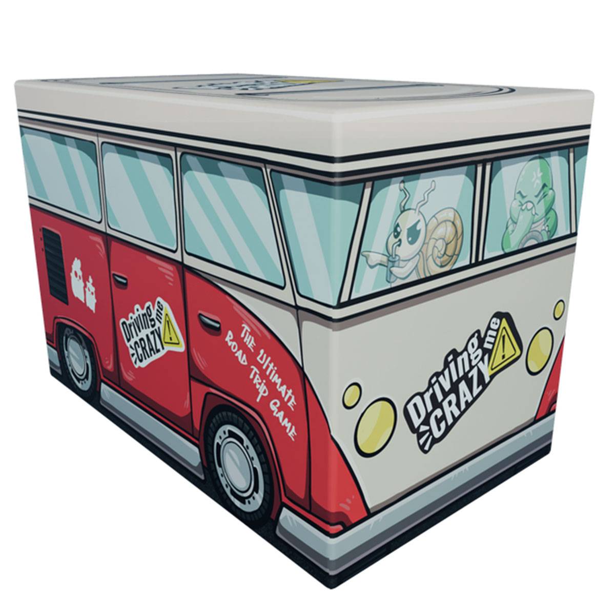 Eine farbenfroh gestaltete Spieleschachtel, die wie ein Van aussieht und Cartoon-Tiere sowie den Text „Fahr mich nicht in den Wahnsinn! Das ultimative Roadtrip-Spiel!