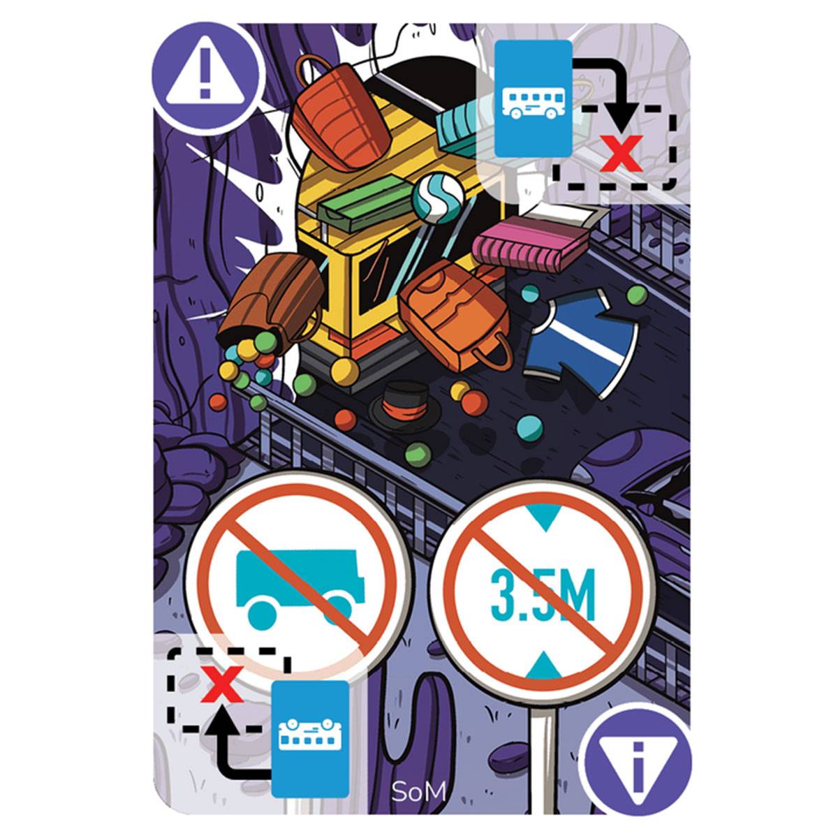 Ein LKW, der mit einer Brücke kollidiert. Warnsymbole zeigen Verbot für Busse und LKWs mit einer Höhenbeschränkung von 3,5 m. Violetter Hintergrund.