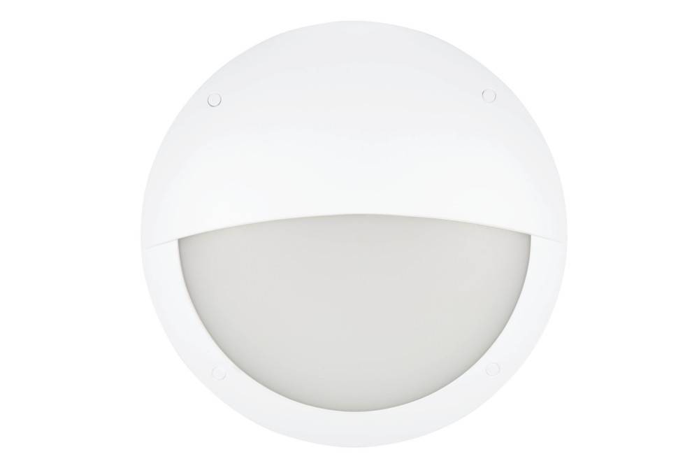 Eine runde, weiße, an der Decke montierte LED-Leuchte mit halbkreisförmiger Abdeckung.