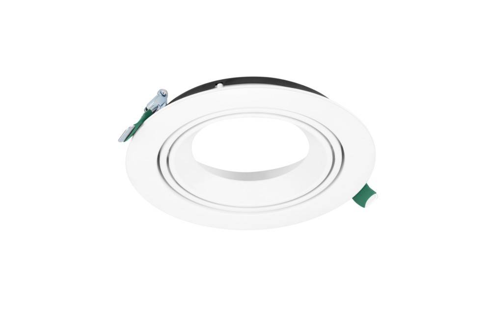 Ein rundes, versenkt angebrachtes weißes LED-Deckeneinbauleuchte mit verstellbarem Trimm und grünen Clips, positioniert als würde es zur Deckeninstallation bereit sein.
