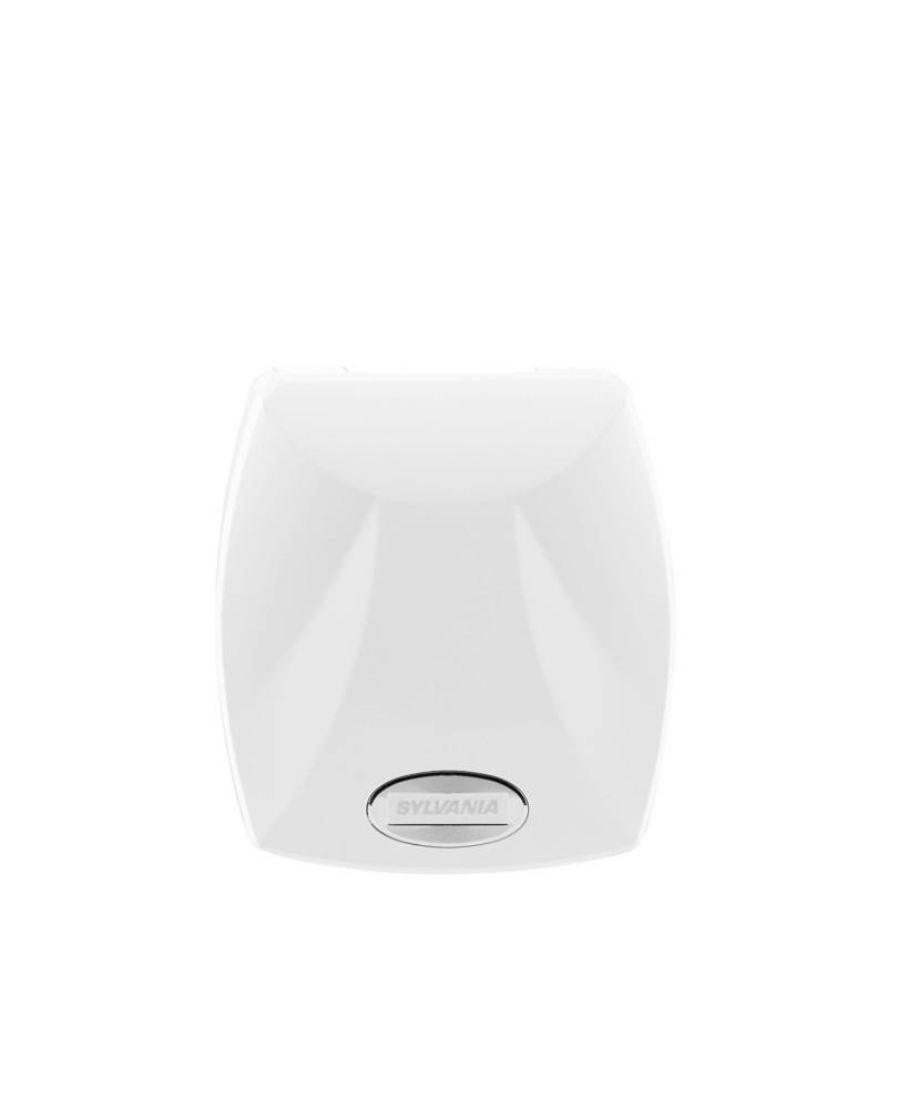 Ein weißer Sylvania Smart Hub mit einfachem, elegantem Design und dem Sylvania-Logo.