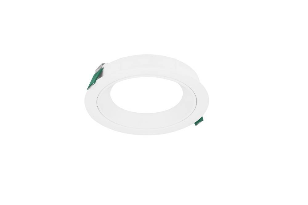 Ein rundes, weißes LED-Einbauleuchte mit breitem Rand und zwei grünen Clips, konzipiert für die Deckenmontage.