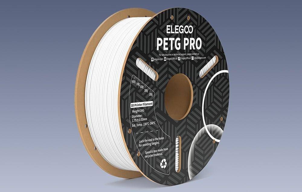 Spule ELEGOO PETG PRO 3D-Druckerfilament, weiße Farbe, mit Spezifikationen: Durchmesser 1,75 mm, Extrusionstemperatur 230°C-250°C.
