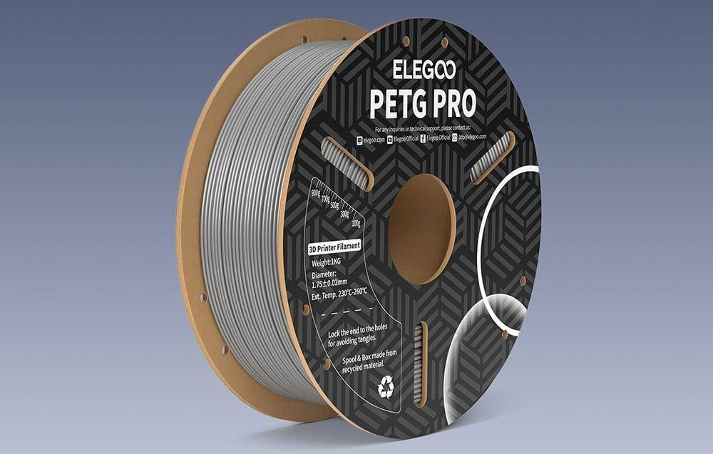 Rolle ELEGOO PETG PRO 3D-Druckerfilament, 1 kg, 1,75 mm Durchmesser, Extrusionstemperatur 230°C-250°C, aus recycelbaren Materialien hergestellt.