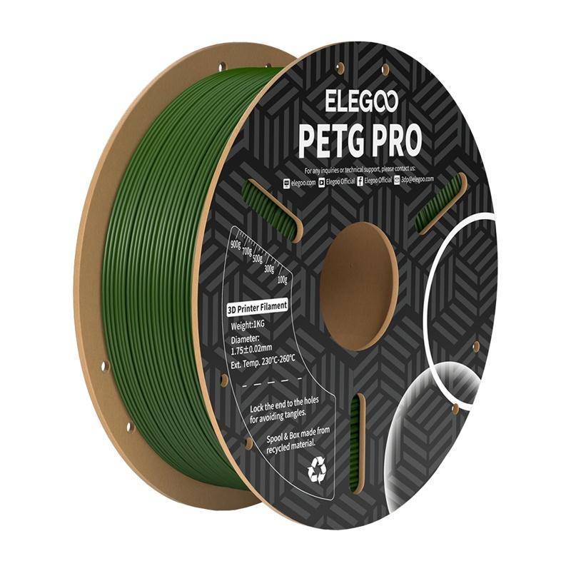 Spule mit grünem 3D-Druckerfilament, beschriftet mit 'ELEGOO PETG PRO', mit Abmessungen von 1,75 mm und Extrusionstemperatur von 230°C-250°C.