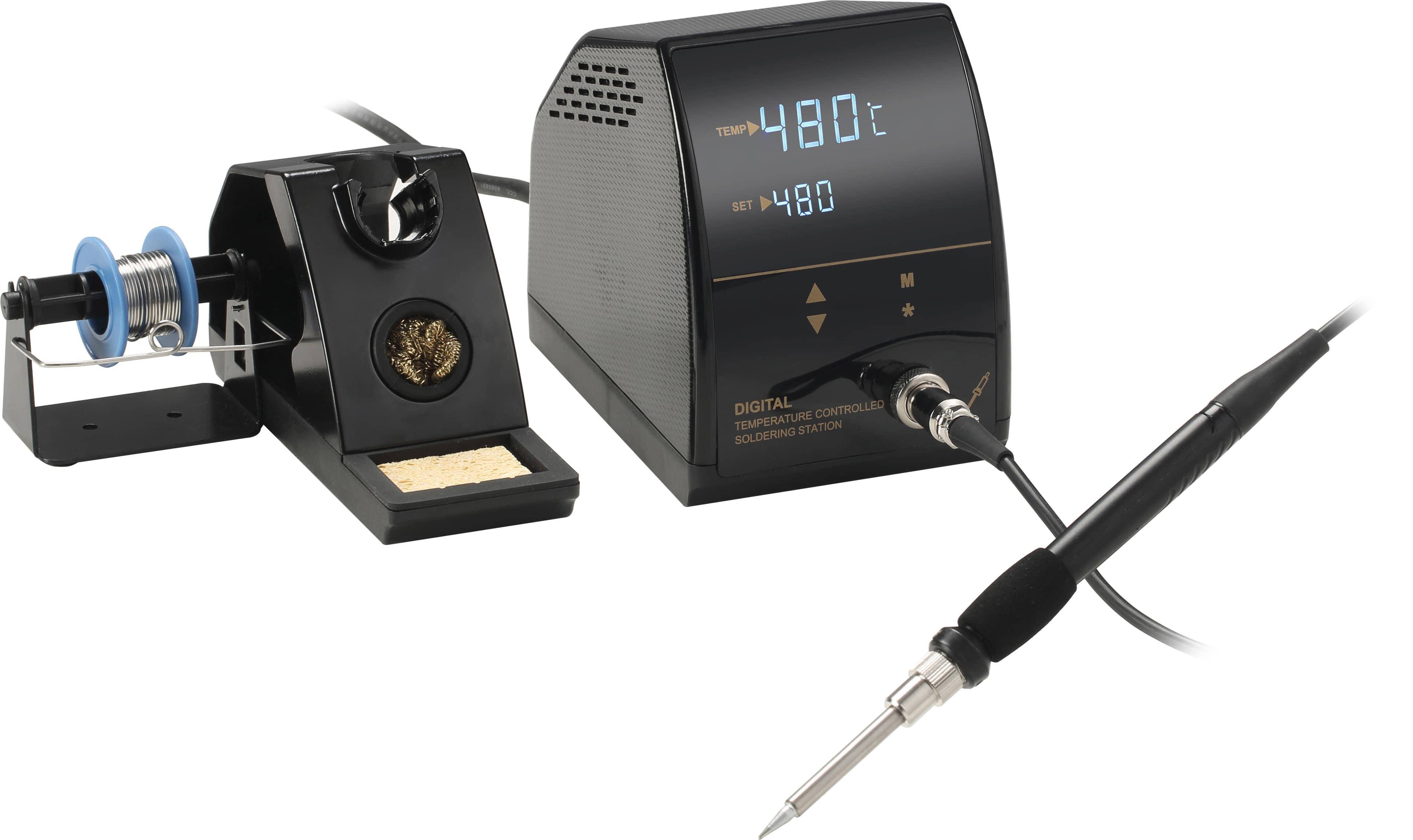 Eine digitale, temperaturgesteuerte Lötstation, die auf ihrem Display 'TEMP 480°C' anzeigt. Sie umfasst ein Lötkolben und einen Ötständer.
