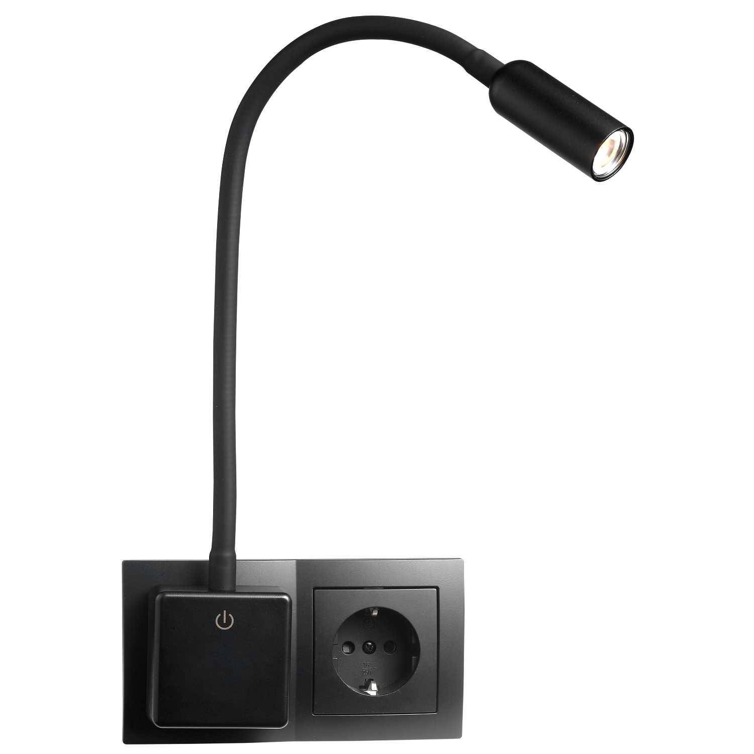 Eine schwarze, wandmontierte flexible Leselampe mit Ein-Aus-Schalter und einer elektrischen Steckdose daneben.