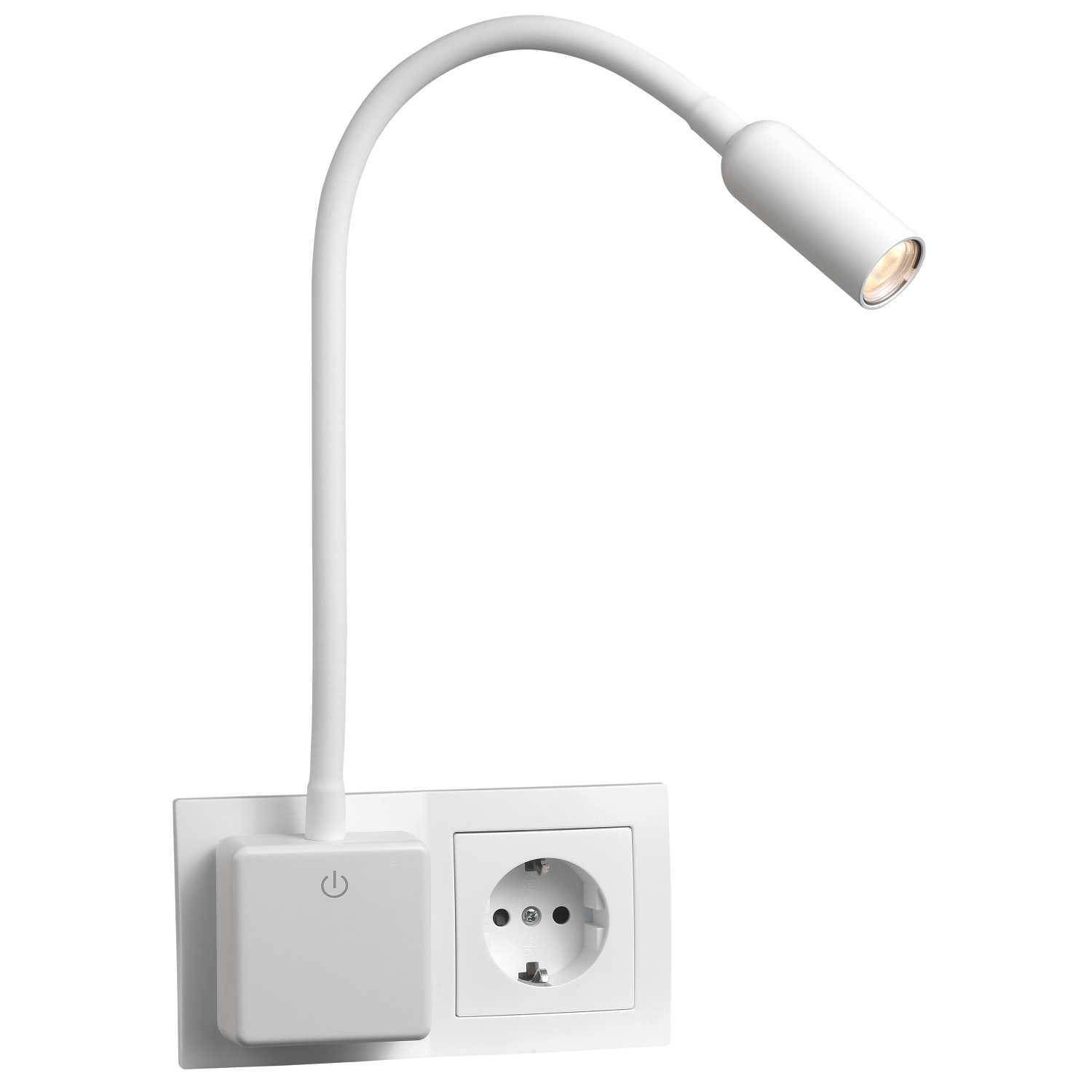 Eine weiße, wandmontierte LED-Leselampe mit einem flexiblen Arm, die an einer Steckdose angeschlossen ist. Die Lampe ist eingeschaltet und beleuchtet den Bereich.