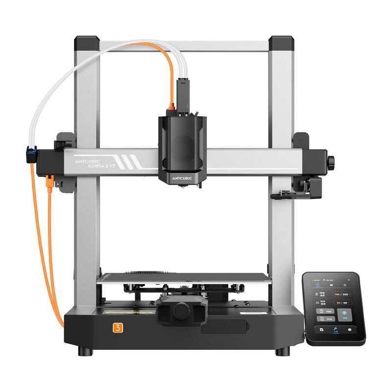 Ein 3D-Drucker mit einer Filamentspule oben links, LC-Display auf der rechten Seite, Metallrahmen und Druckdüse in der Mitte.