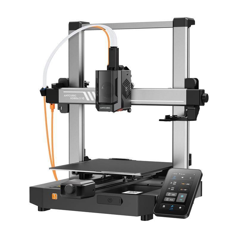 Ein 3D-Drucker mit einem digitalen Bedienfeld, der ein Anycubic Kobra 2 Modell zeigt, das für seine präzisen und schnellen Druckfähigkeiten bekannt ist.