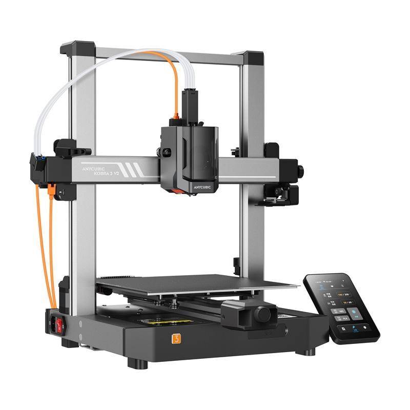 Ein 3D-Drucker mit einem digitalen Bedienfeld an der Seite, ausgestattet mit einem robusten Metallrahmen und Extruder, verwendet zum Erstellen dreidimensionaler Objekte.