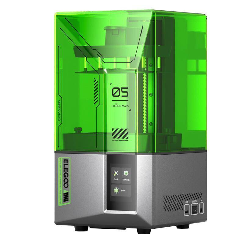 Grüner transparenter Elegoo 3D-Drucker mit Touchscreen-Schnittstelle, Modell Mars 2 Pro. In einem eleganten Design verschlossen.