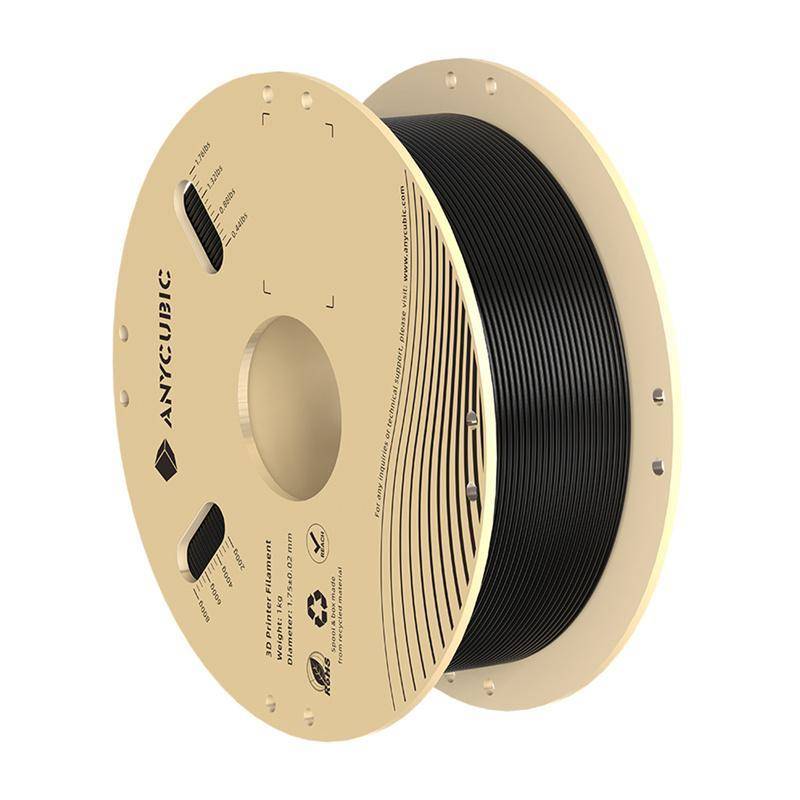 „Eine Spule schwarzen 3D-Druckerfilaments von Anycubic, auf der Produktdetails und Spezifikationen an der Seite der Spule zu sehen sind.