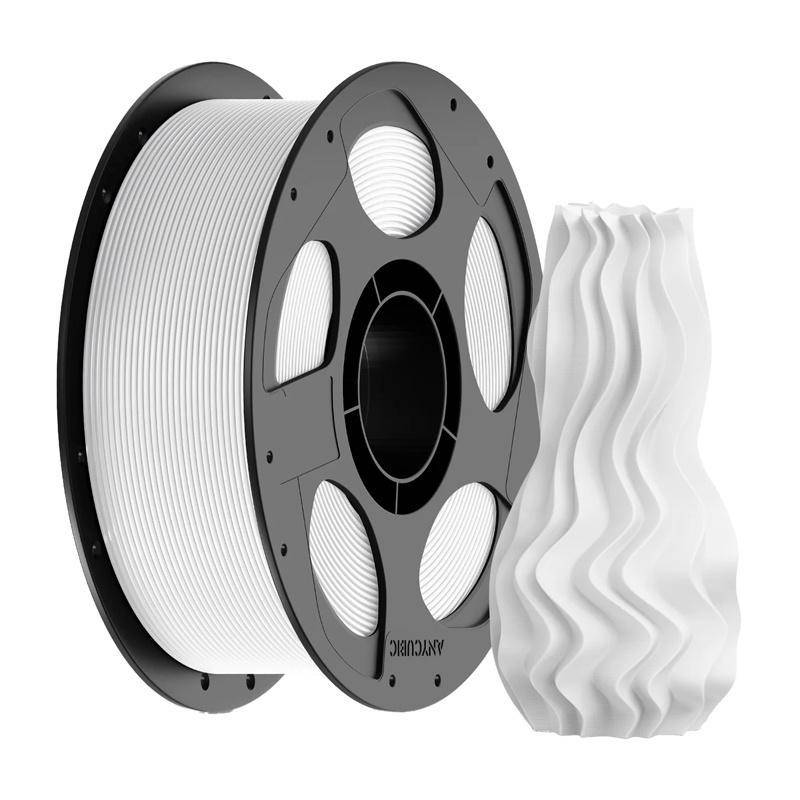 Weißer 'Arylicubic' 3D-Druckfilament-Spule neben einem wellenförmigen 3D-gedruckten Objekt.