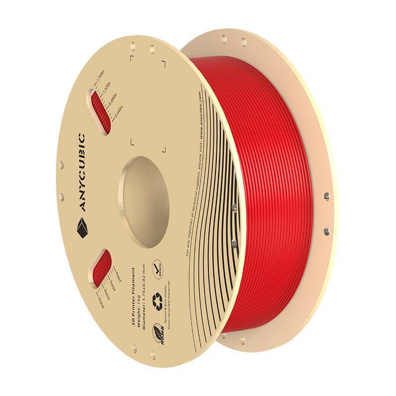 Eine Rolle rotes 3D-Druckerfilament mit der Bezeichnung 'Anycubic', entwickelt für verschiedene 3D-Druckanwendungen.