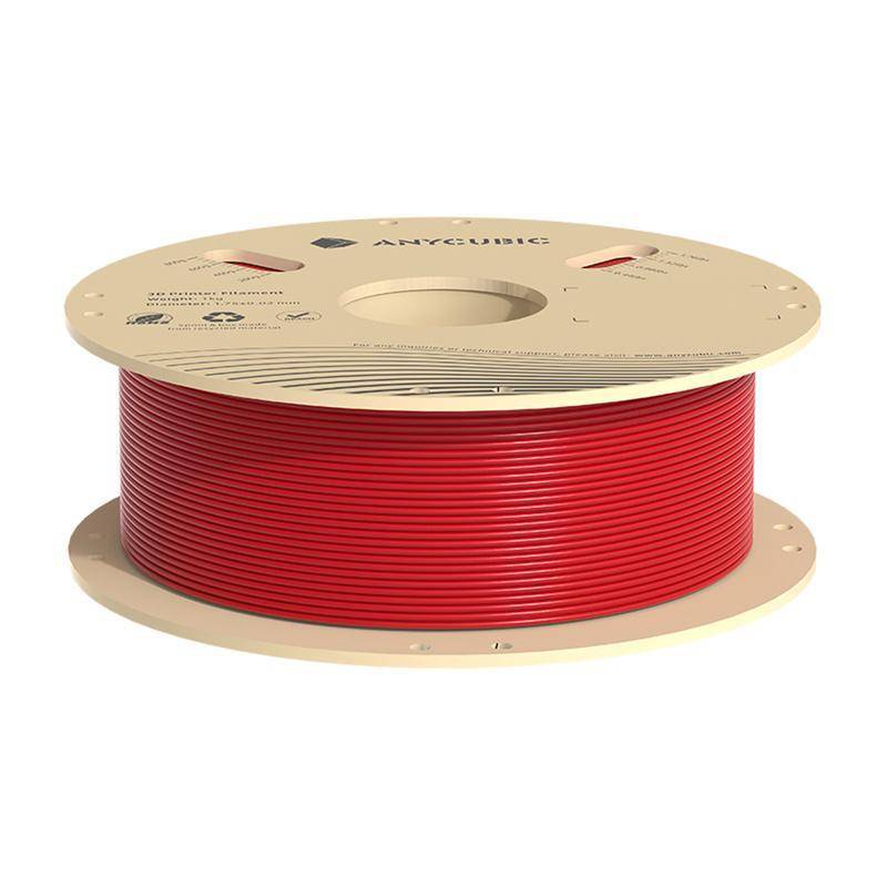 Eine Spule rotes 3D-Druckerfilament mit der Aufschrift 