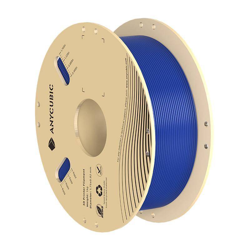 Eine Spule Anycubic 3D-Druckerfilament in blauer Farbe, mit sichtbarer Markierung und Produktdetails an der Seite der Spule.