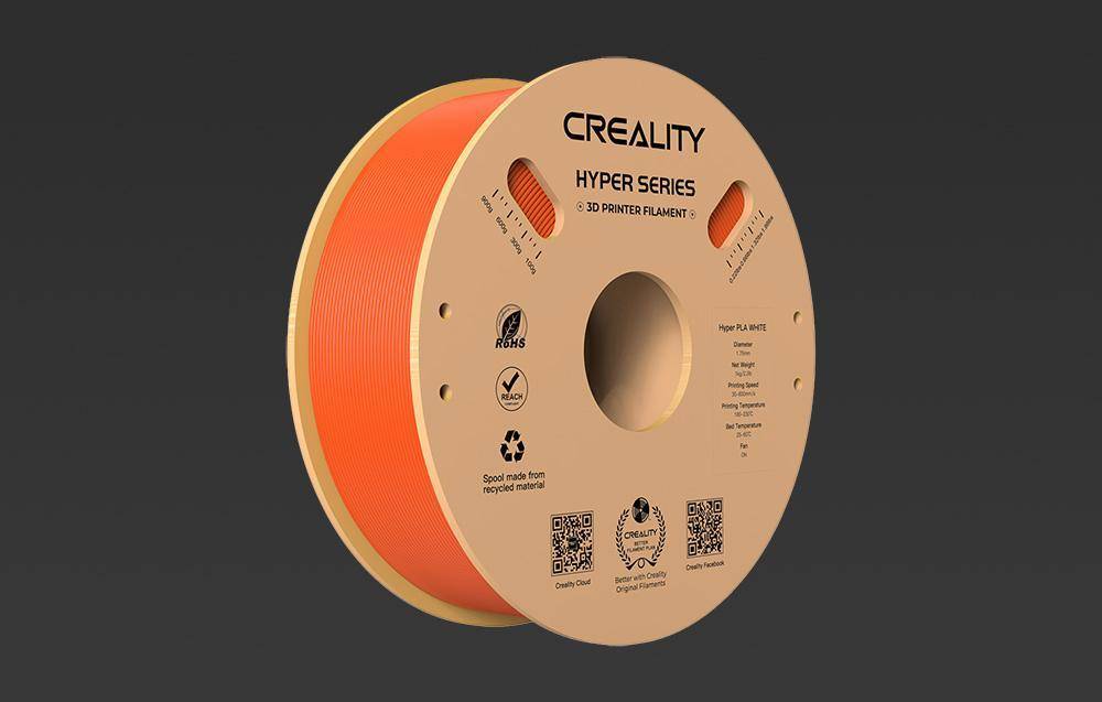 3D-Druckerfilamentspule mit der Bezeichnung ‚CREALITY Hyper Series', orangefarbig, umweltfreundlich, hergestellt aus recycelten Materialien.