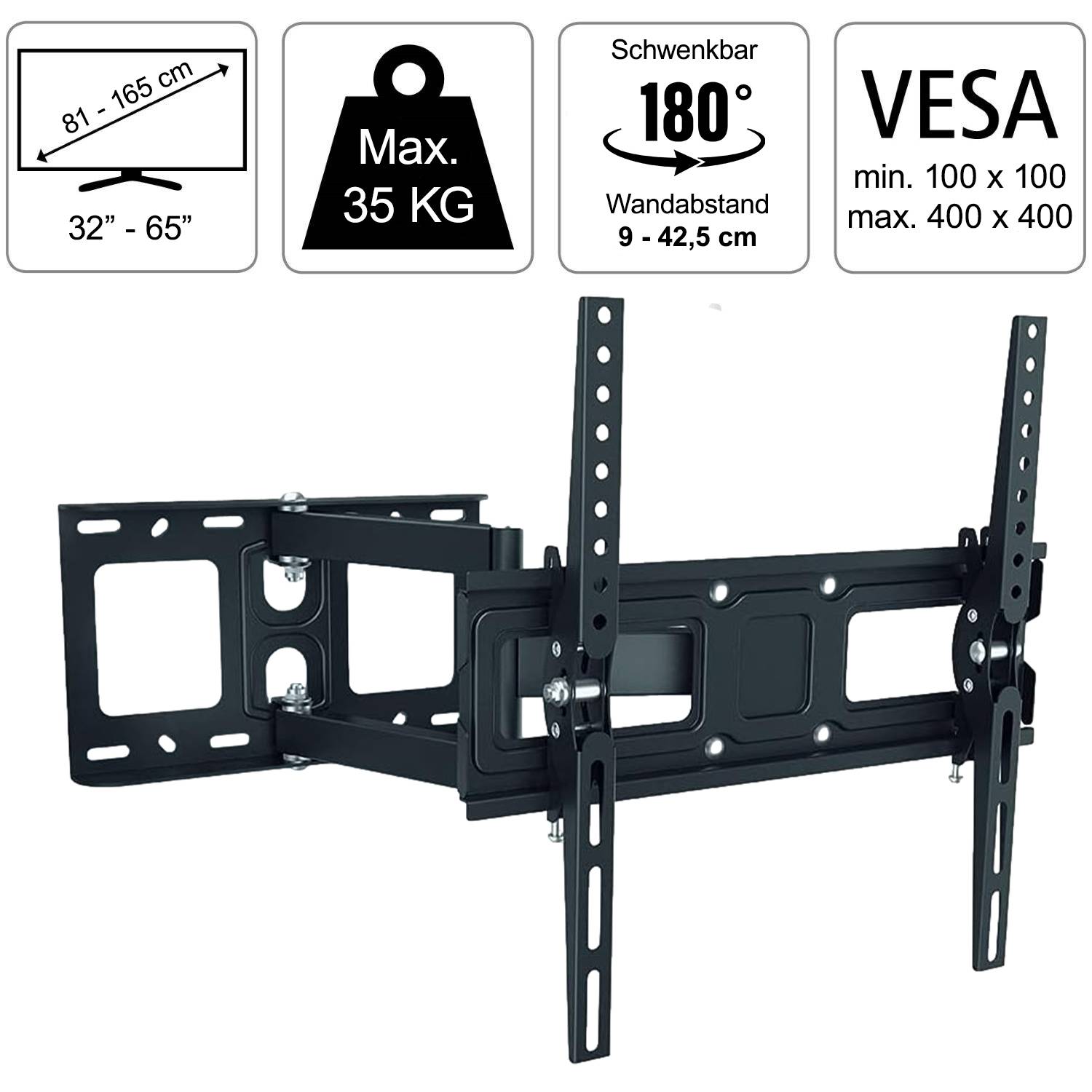 TV-Wandhalterung für Fernseher von 32-65 Zoll, max. 35 kg. Schwenkbar um 180 Grad. Wandabstand 9-42,5 cm. VESA min. 100x100, max. 400x400.