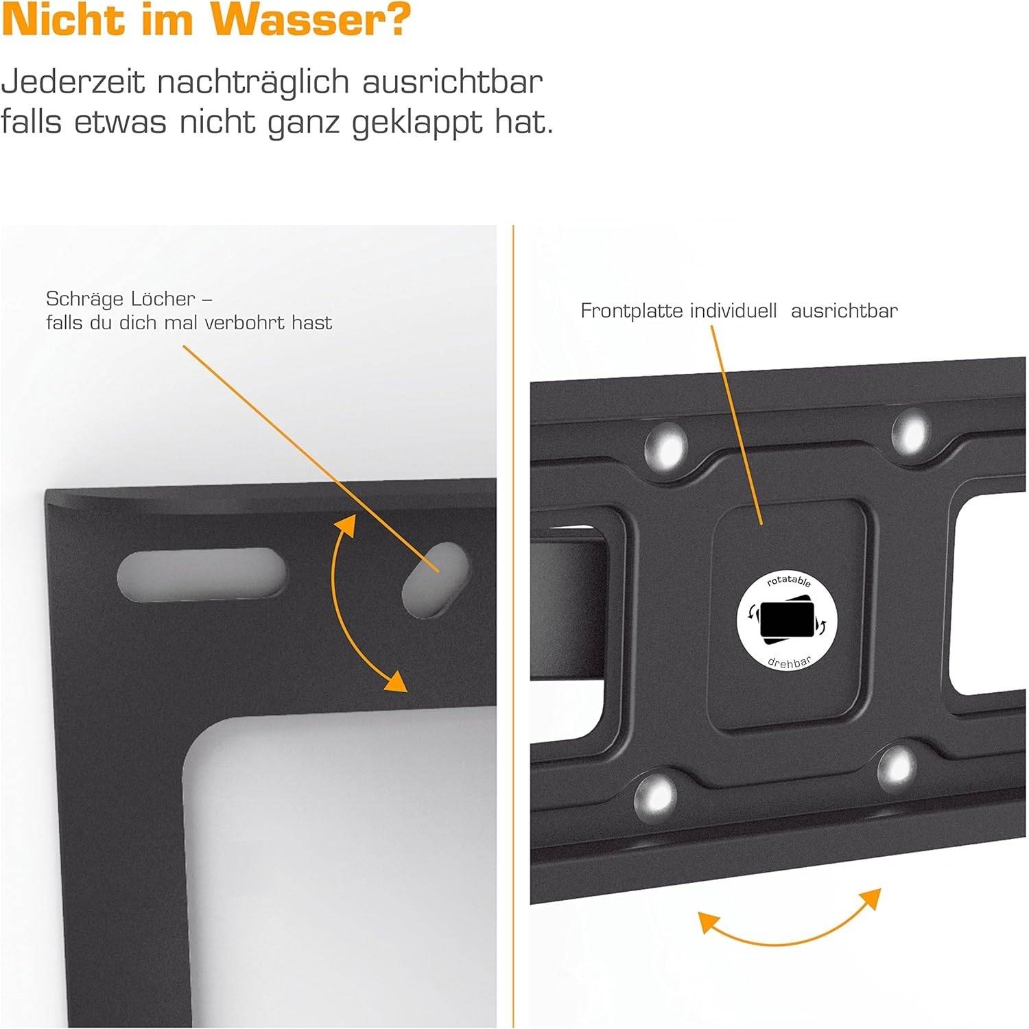 Ein Metallhalter mit diagonalen Schlitzen für einstellbare Positionierung und einer Frontplatte für individuelle Ausrichtung. Text auf Deutsch erläutert die Verstellbarkeit.
