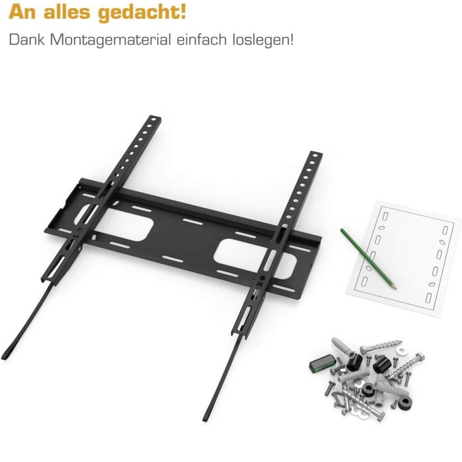 Wandmontage-Befestigungsset enthält Metallrahmen, Schrauben, Bolzen, Unterlegscheiben, Dübel und Montageanleitung. Text liest sich: 