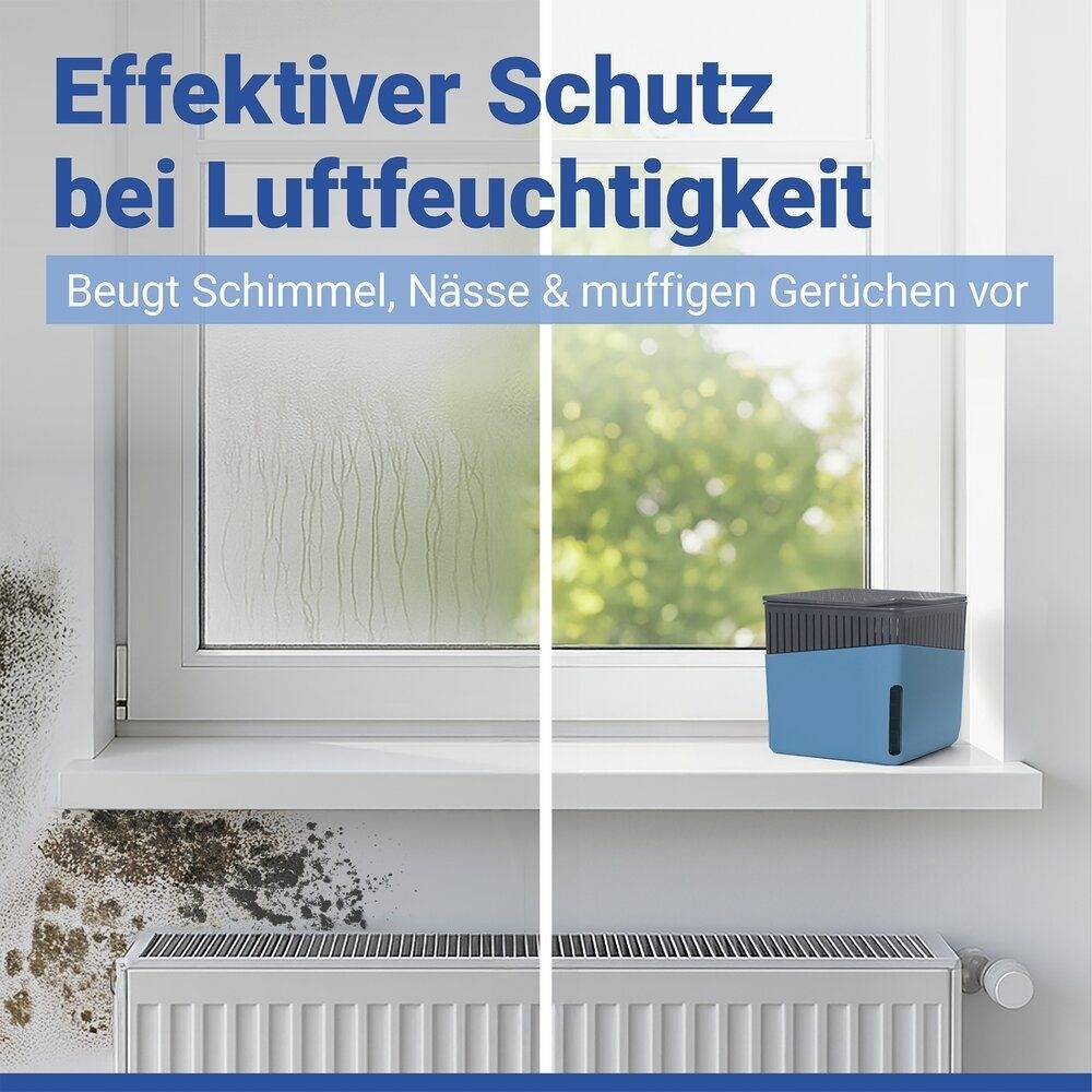Ein Luftentfeuchter, der auf einem Fenstersims platziert ist, zeigt eine geteilte Ansicht; links, Schimmelflecken an der Wand; rechts, saubere Wand. Text lautet: 'Effektiver Schutz bei Luftfeuchtigkeit – Beugt Schimmel, Nässe & muffigen Gerüchen vor'.