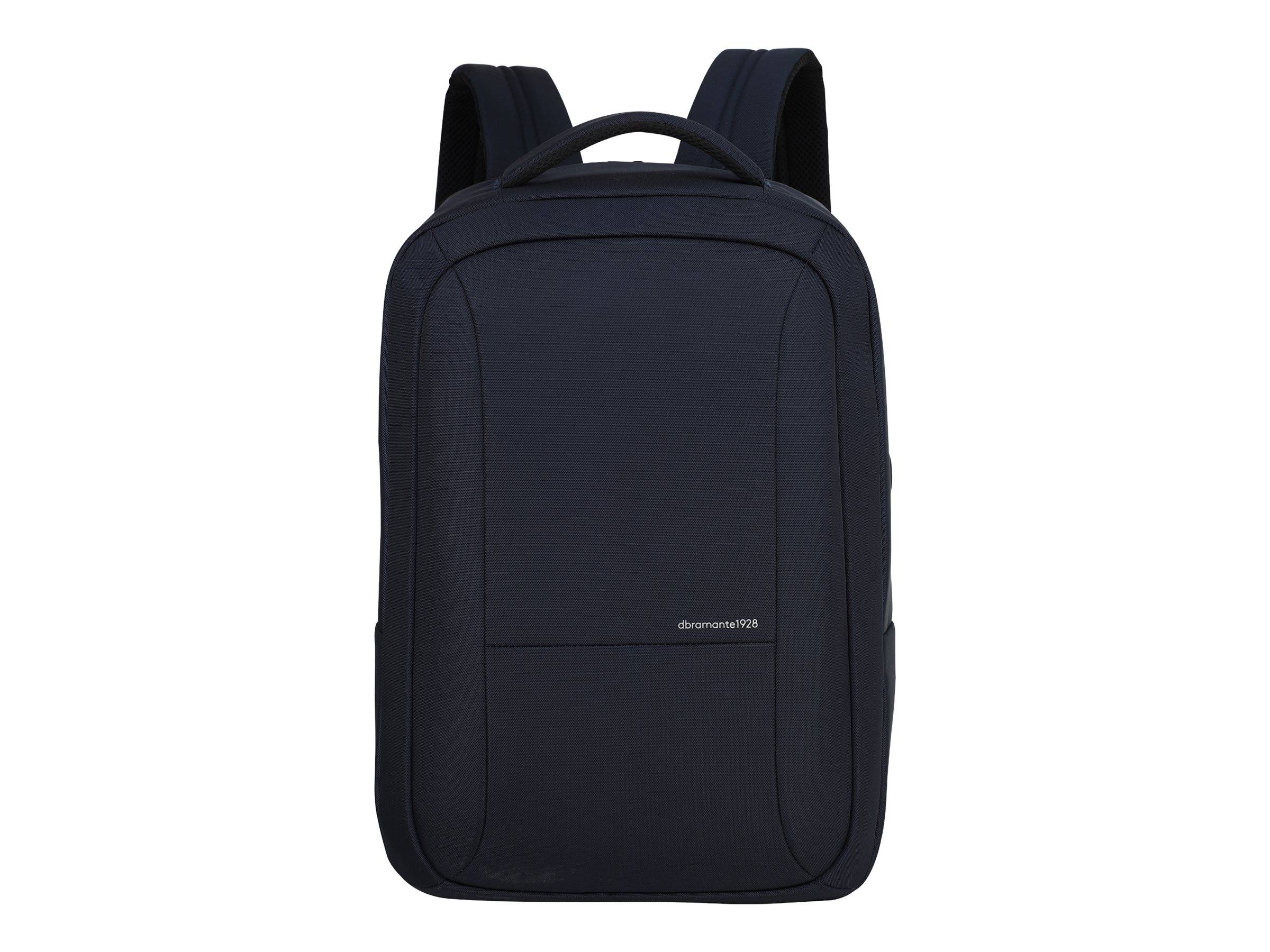 Ein schlanker schwarzer Rucksack mit minimalistischem Design, der ein kleines Logo an der Vorderseite trägt.