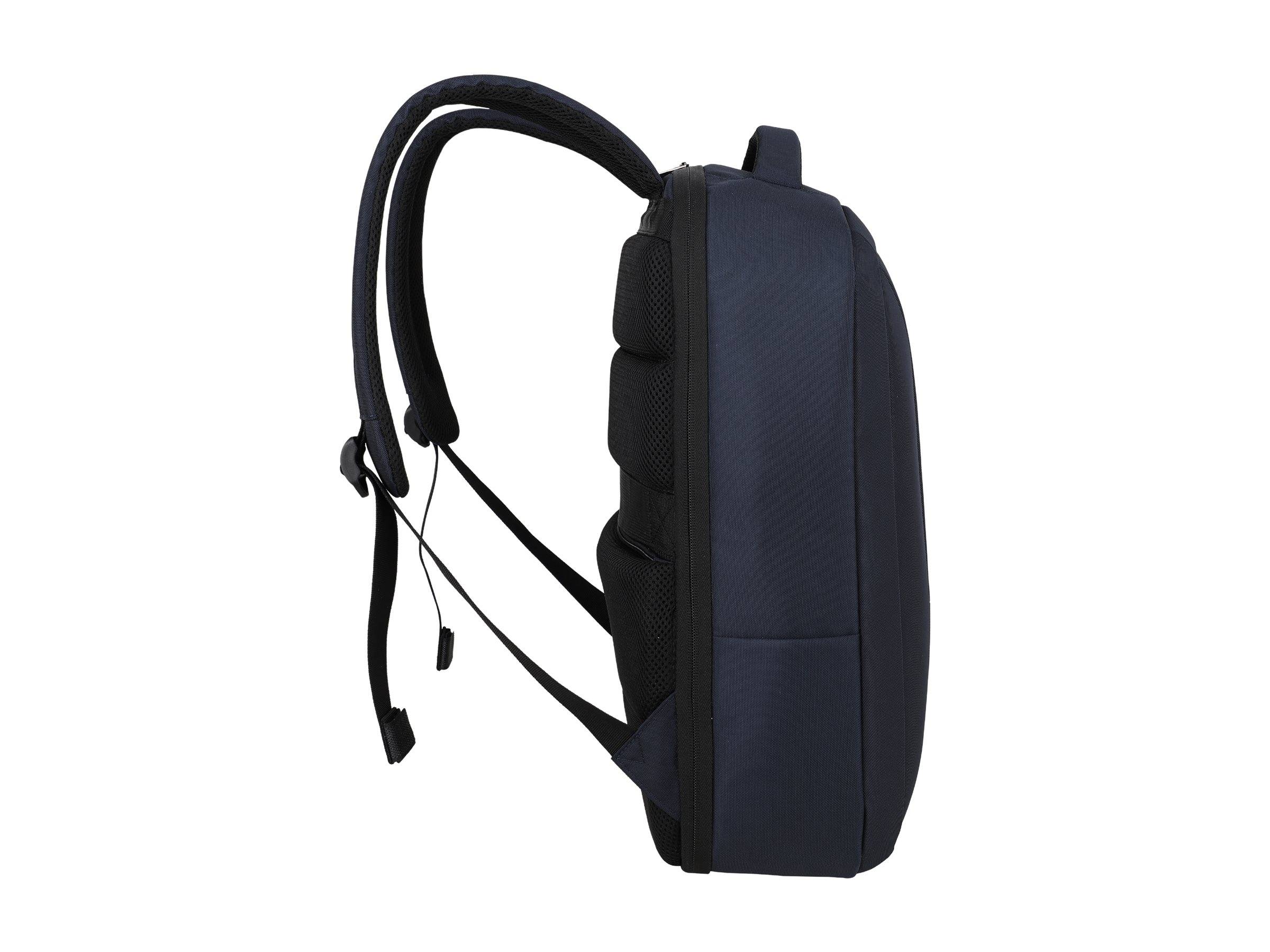 Eine Seitenansicht eines schwarzen Rucksacks mit verstellbaren gepolsterten Trägern, die ein ergonomisches Design für Komfort und Unterstützung zeigt.