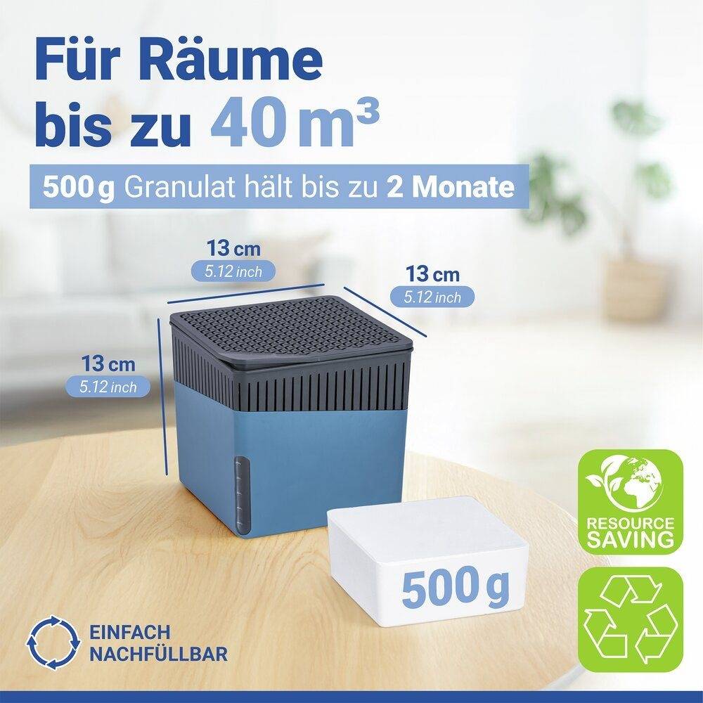 Ein Entfeuchter, der für Räume bis zu 40m³ geeignet ist, wird mit '500g Granulat halten bis zu 2 Monate' angezeigt. Zu den Merkmalen gehören nachfüllbar und ressourcenschonend.