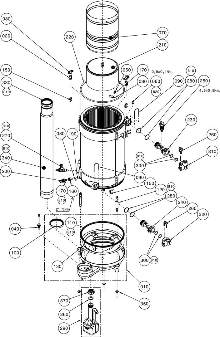 Explosionszeichnung eines mechanischen Komponentensystems mit Teilen, die mit Nummern wie 050, 180 und 810 für Montagezwecke gekennzeichnet sind.