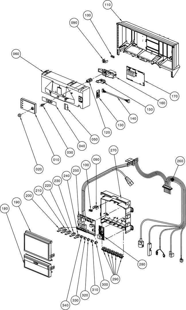 Explosionszeichnung einer elektronischen Geräteanordnung, die Teile von 010 bis 260 nummeriert zeigt. Komponenten umfassen Leiterplatten, Kabel und Anschlüsse.