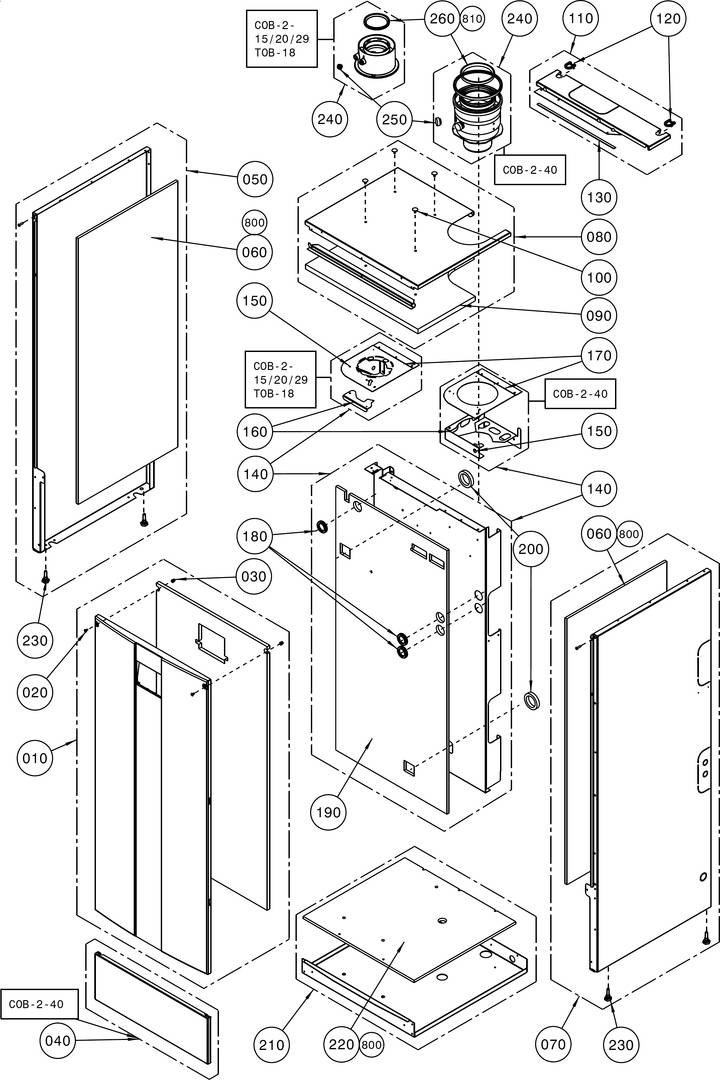 Explosionszeichnung eines rechteckigen elektronischen Geräts mit Darstellung der Komponenten, einschließlich Bildschirm, Leiterplatte und Anschlüssen, nummerisch beschriftet.