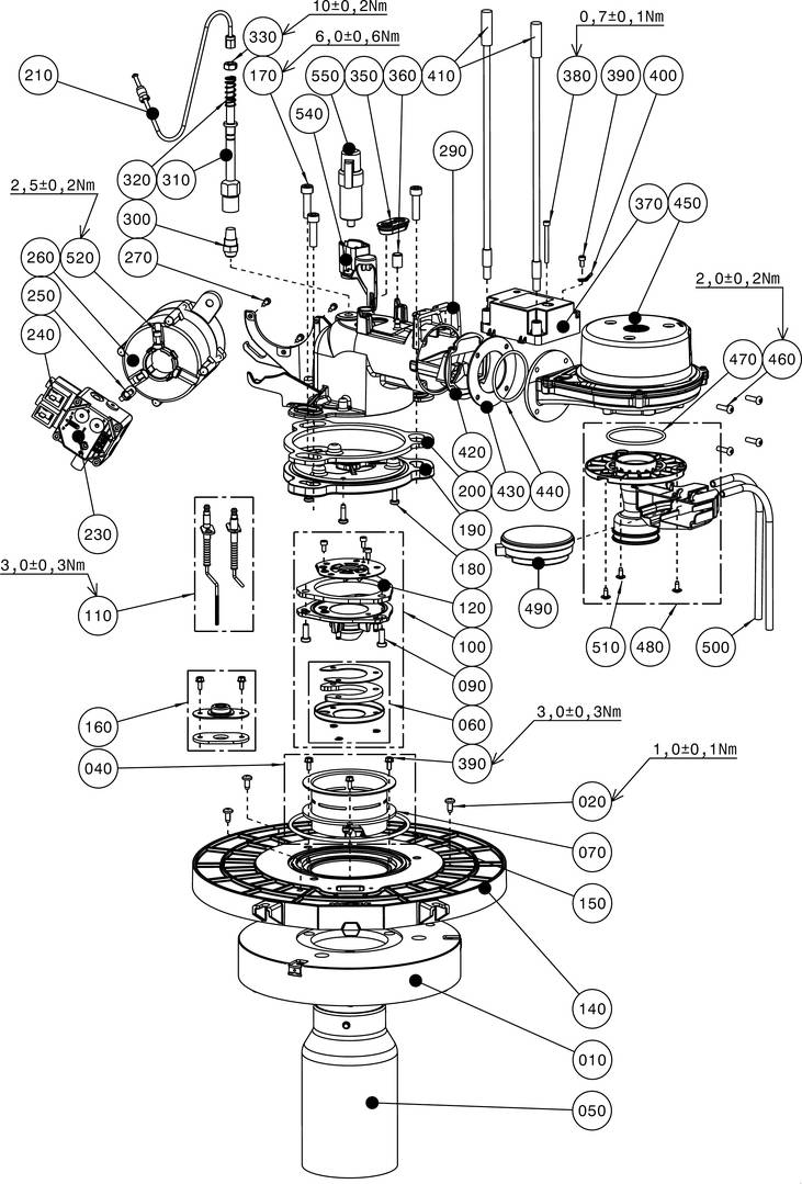 Explosionszeichnung einer mechanischen Baugruppe mit verschiedenen Komponenten, Bezeichnungen und Teilenummern, die deren Anordnung veranschaulicht.