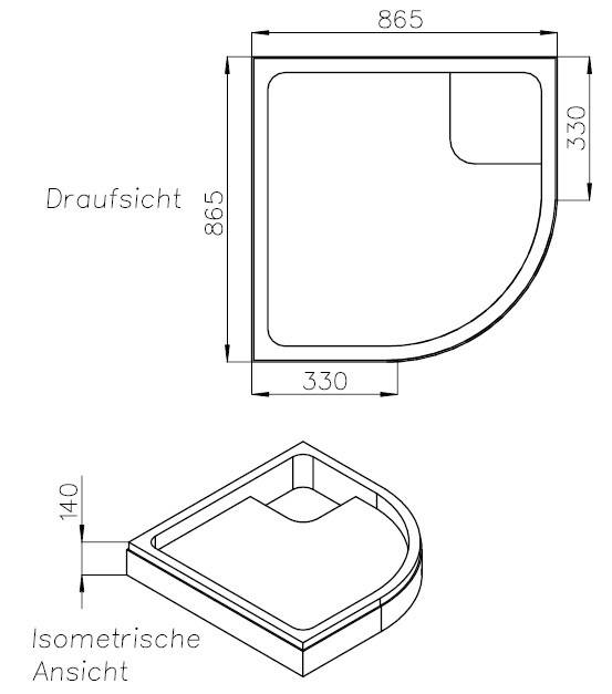 Isometrische' und 'Draufsicht'-Ansichten eines Duschträgers in der Ecke mit Maßen: 865x865 mm und einer Höhe von 140 mm, die Form und Abmessungen veranschaulichen.